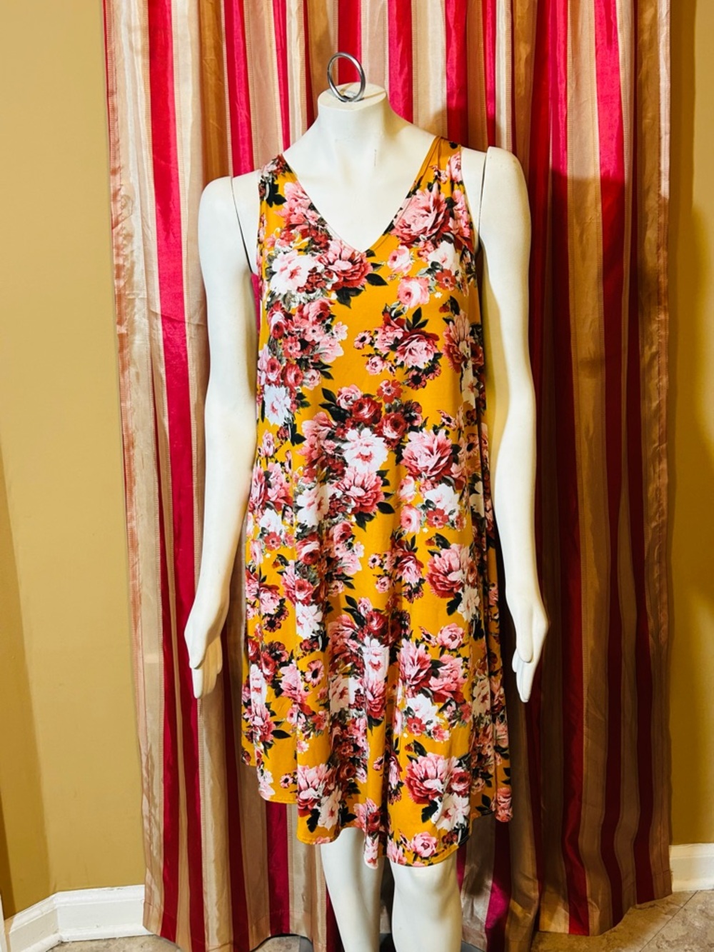 Sleeveless Floral V-Neck Summer Dress in Mustard Yellow